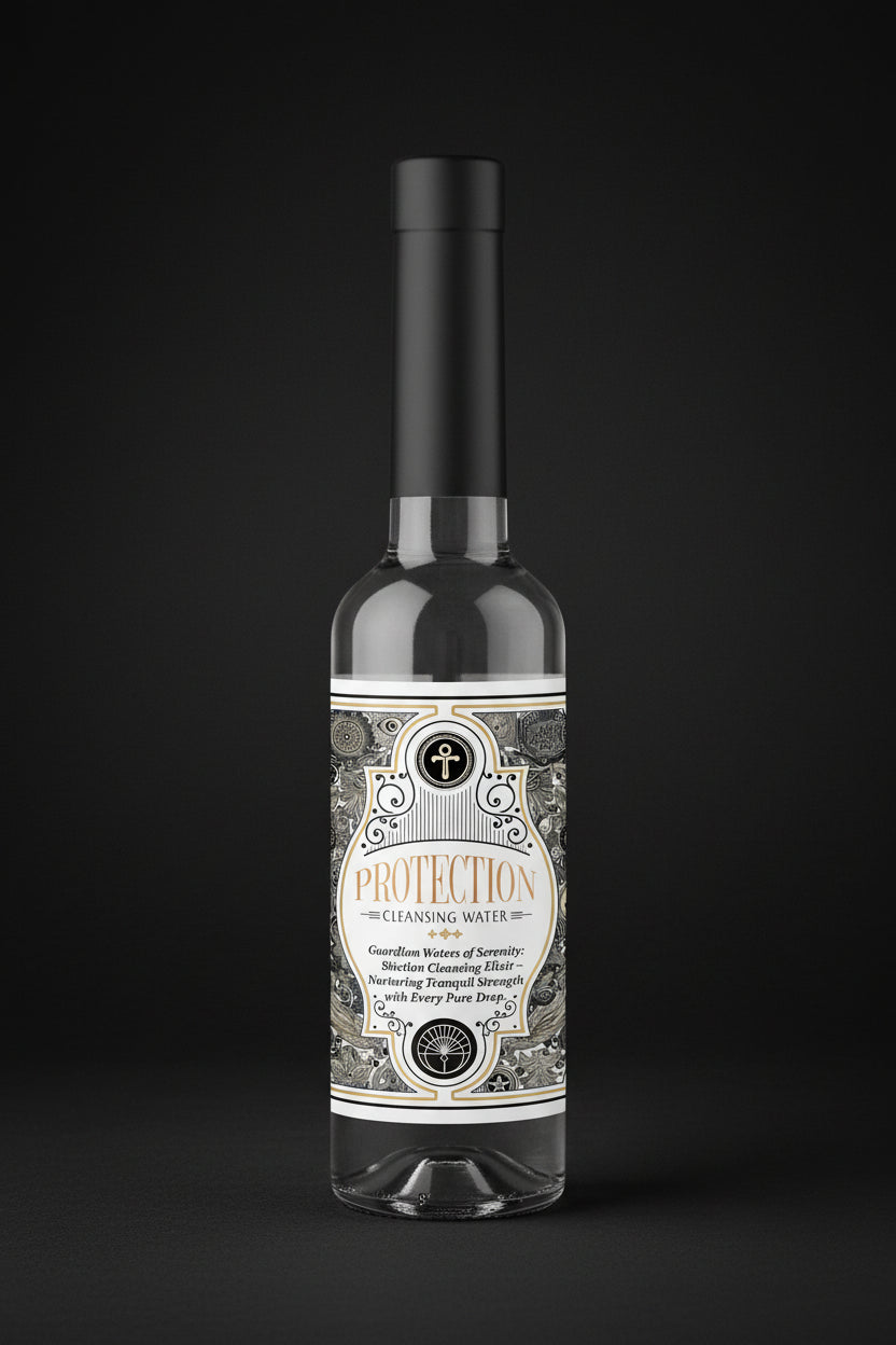 Two bottles of 'Protection' cleansing water with decorative labels on a black background