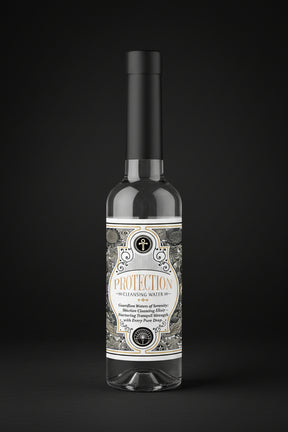 Two bottles of 'Protection' cleansing water with decorative labels on a black background