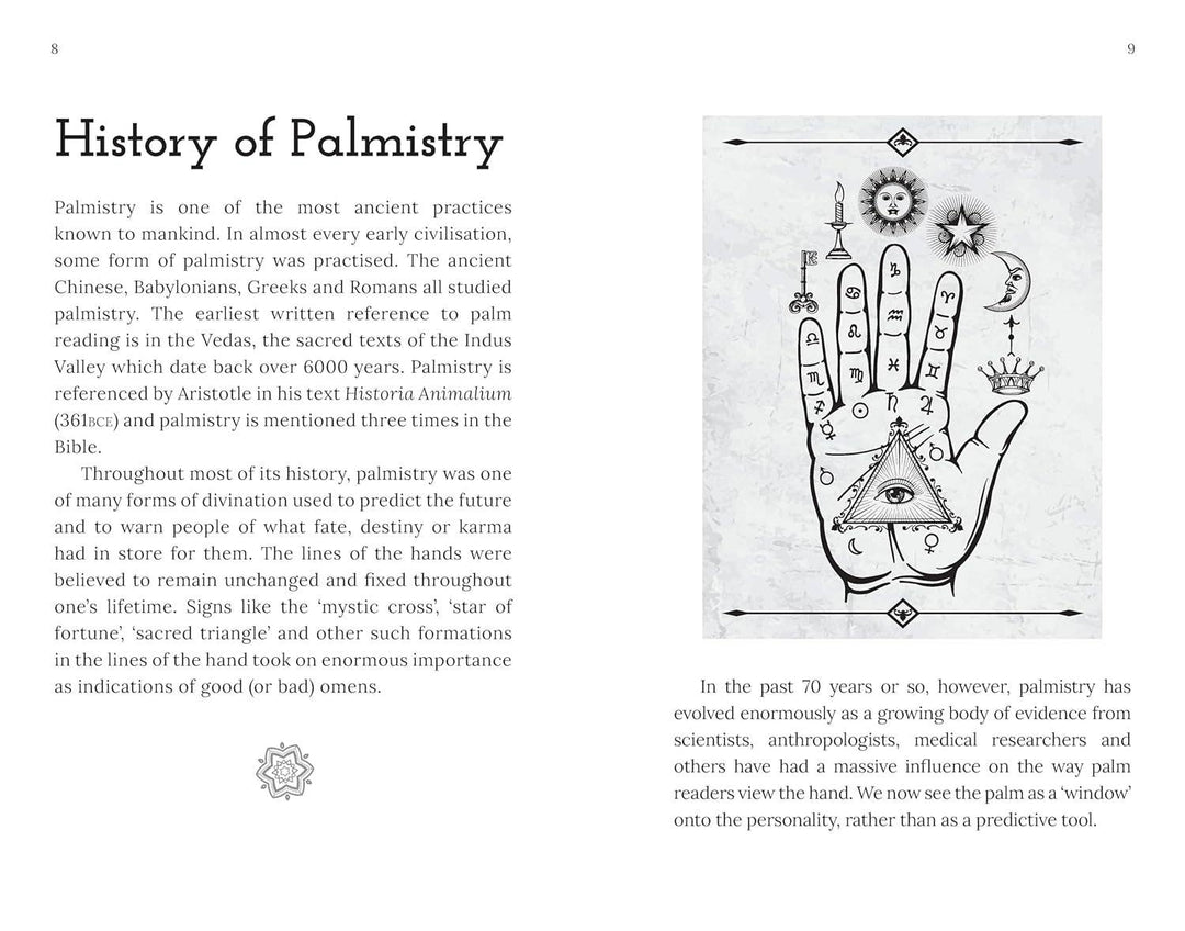 Palmistry interior page showing hand-reading guidance