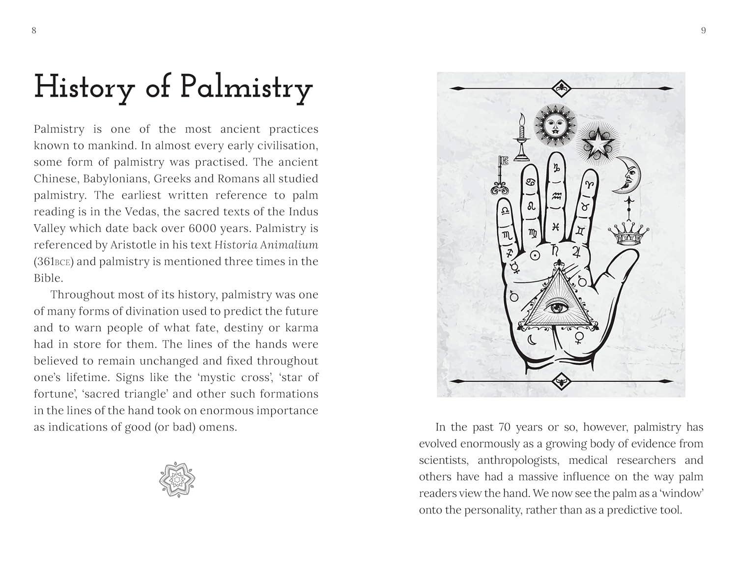 Palmistry interior page showing hand-reading guidance
