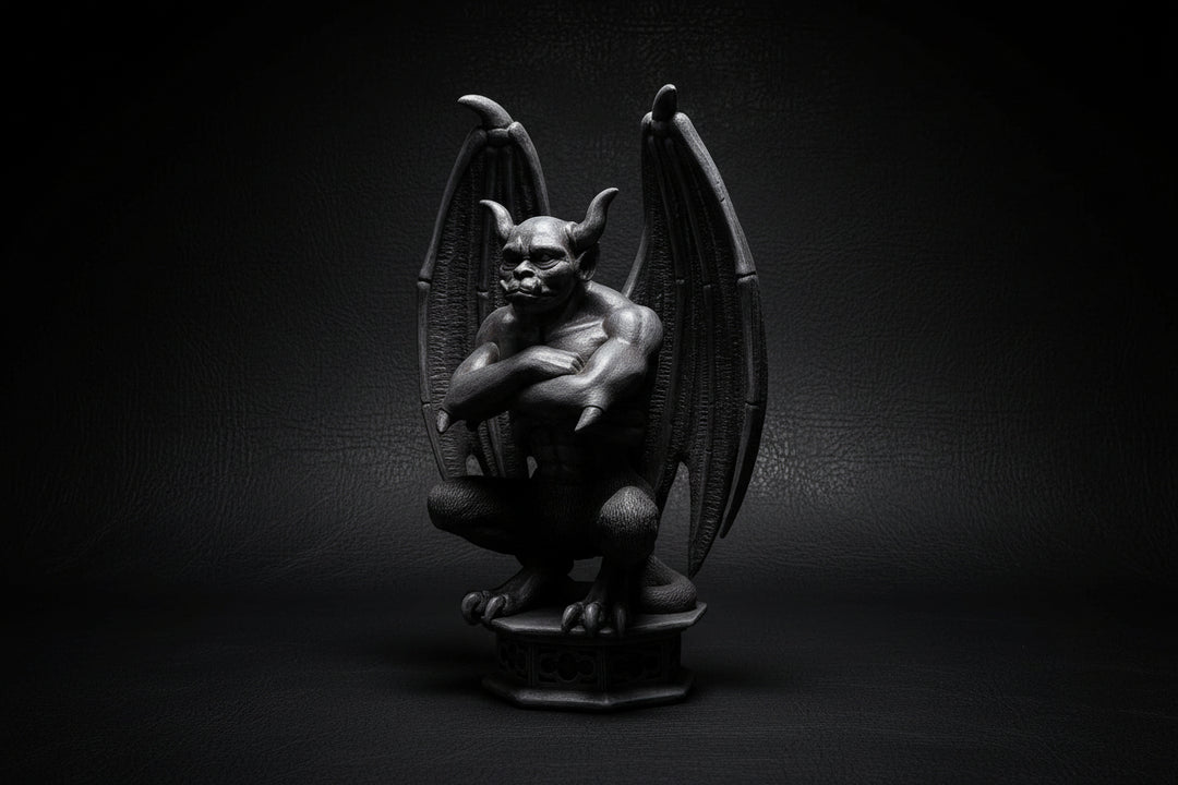 Thirteen-inch winged gargoyle statue in cold-cast resin on a black background