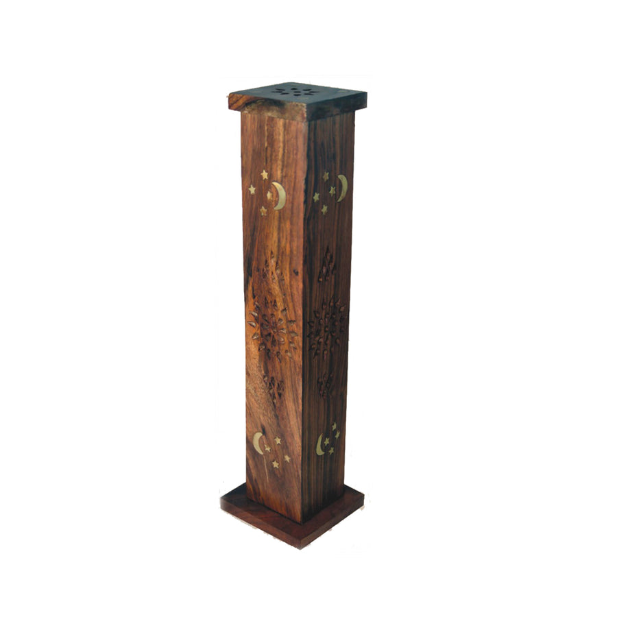 Brass Moon Hand-Carved Wooden Incense Burner Tower - 12 Inch