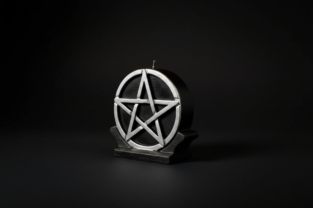 Black ritual candle with silver pentacle design