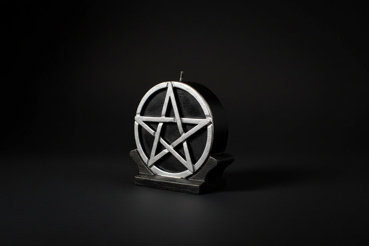 Black ritual candle with silver pentacle design