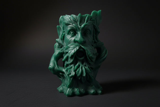 Green leafy decorative item against a dark background with greenery.