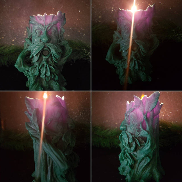 Collage of a decorative candle holder with a face design, glowing from within.