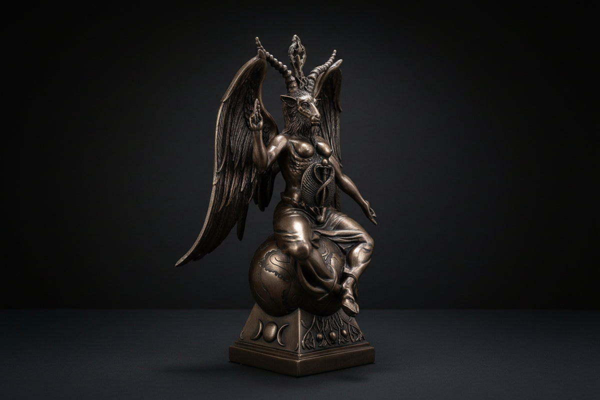 Bronze Baphomet statue shown from the side