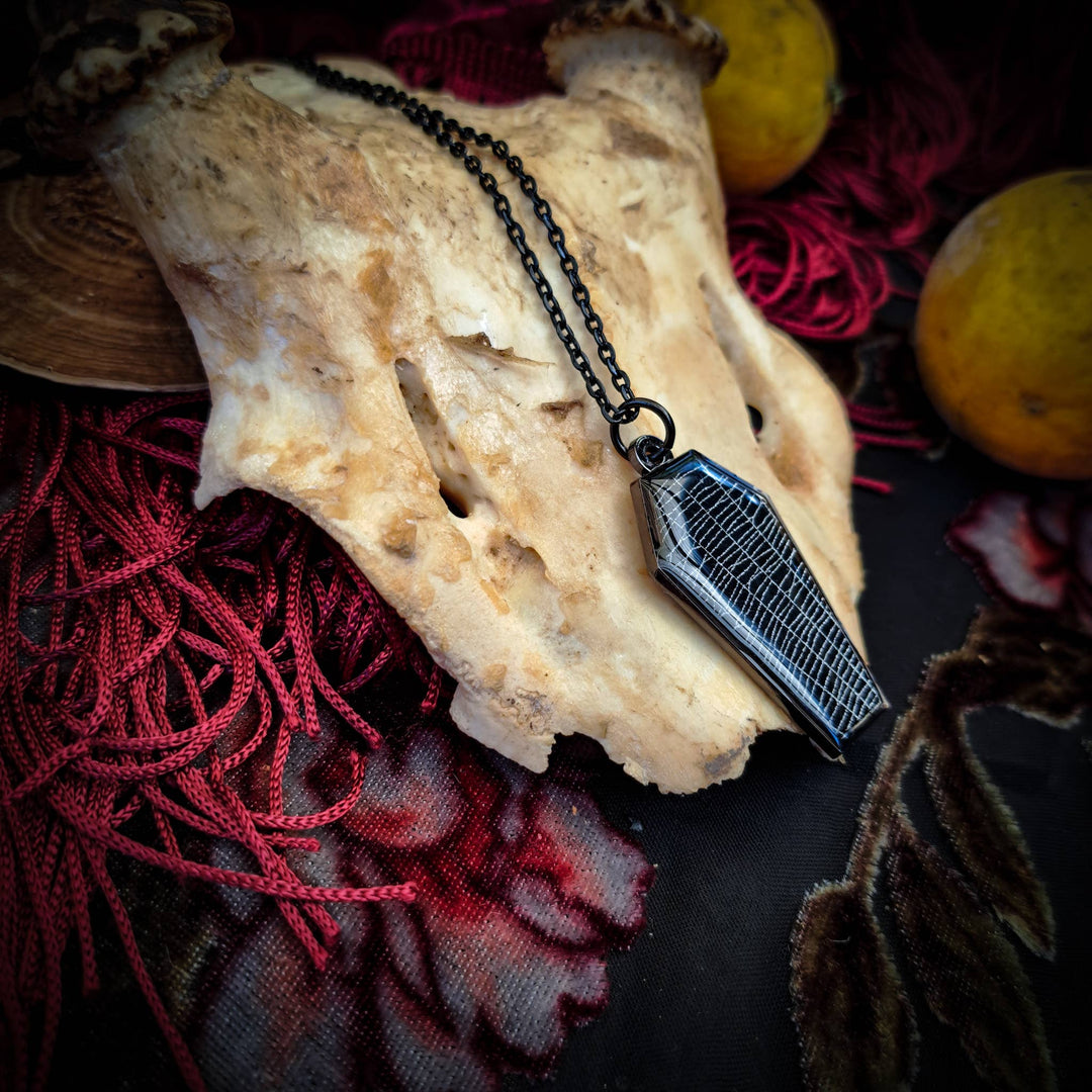 Close-up of black coffin pendant with preserved natural spiderweb