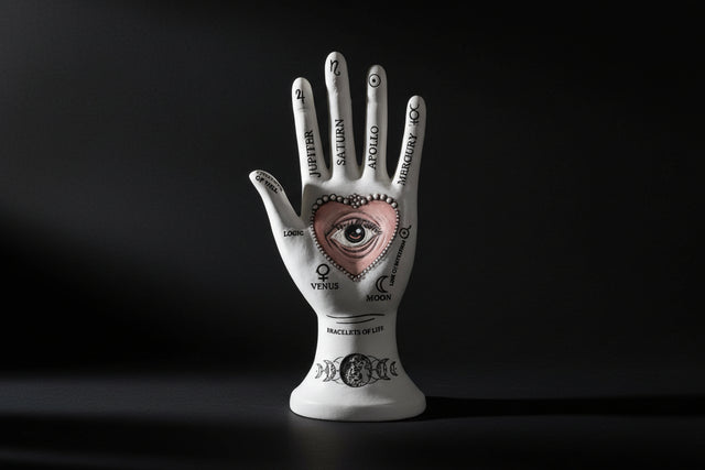 Palmistry hand statue with symbolic markings and central eye design used for divination and study.