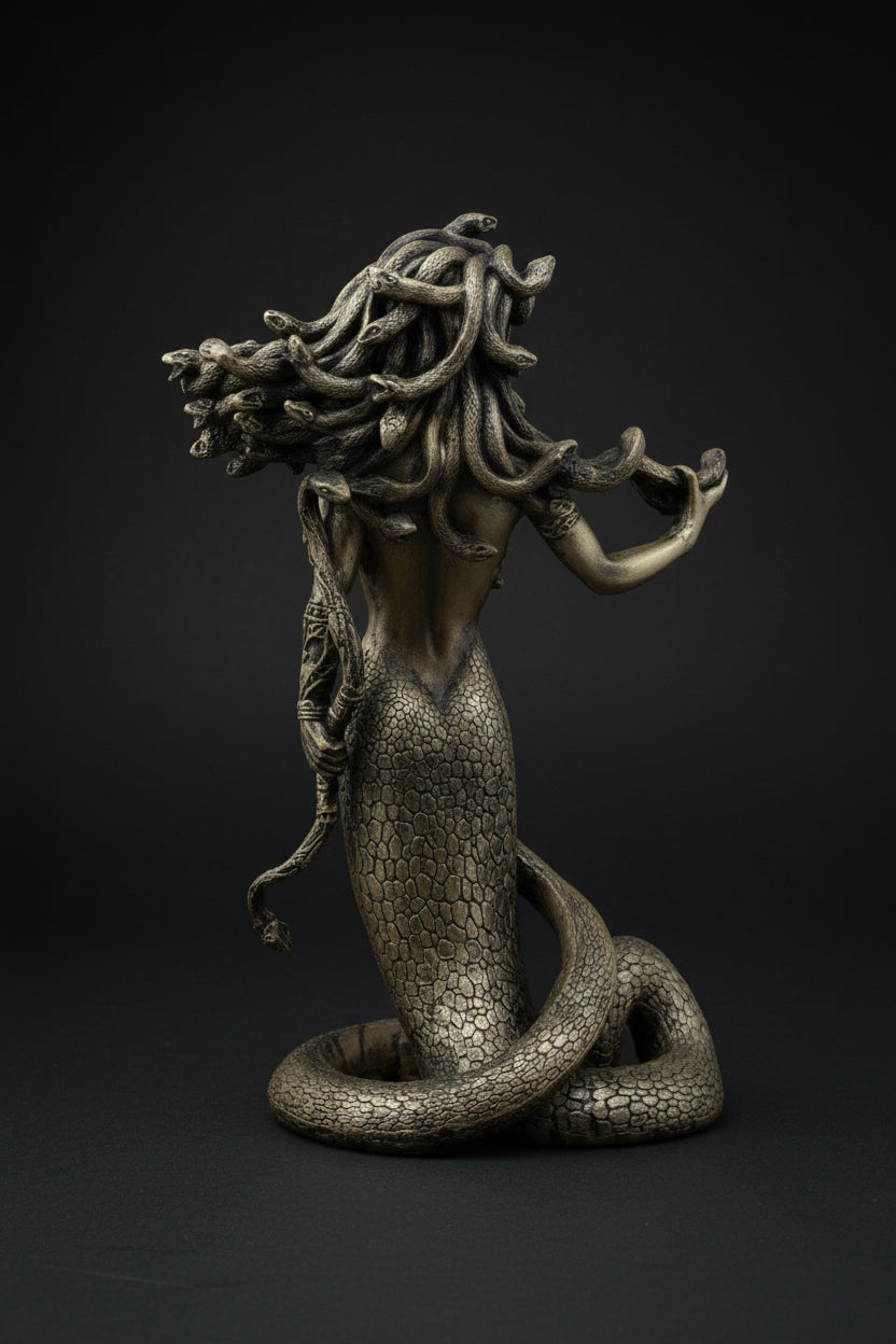 Medusa statue shown from an alternate angle against a black background