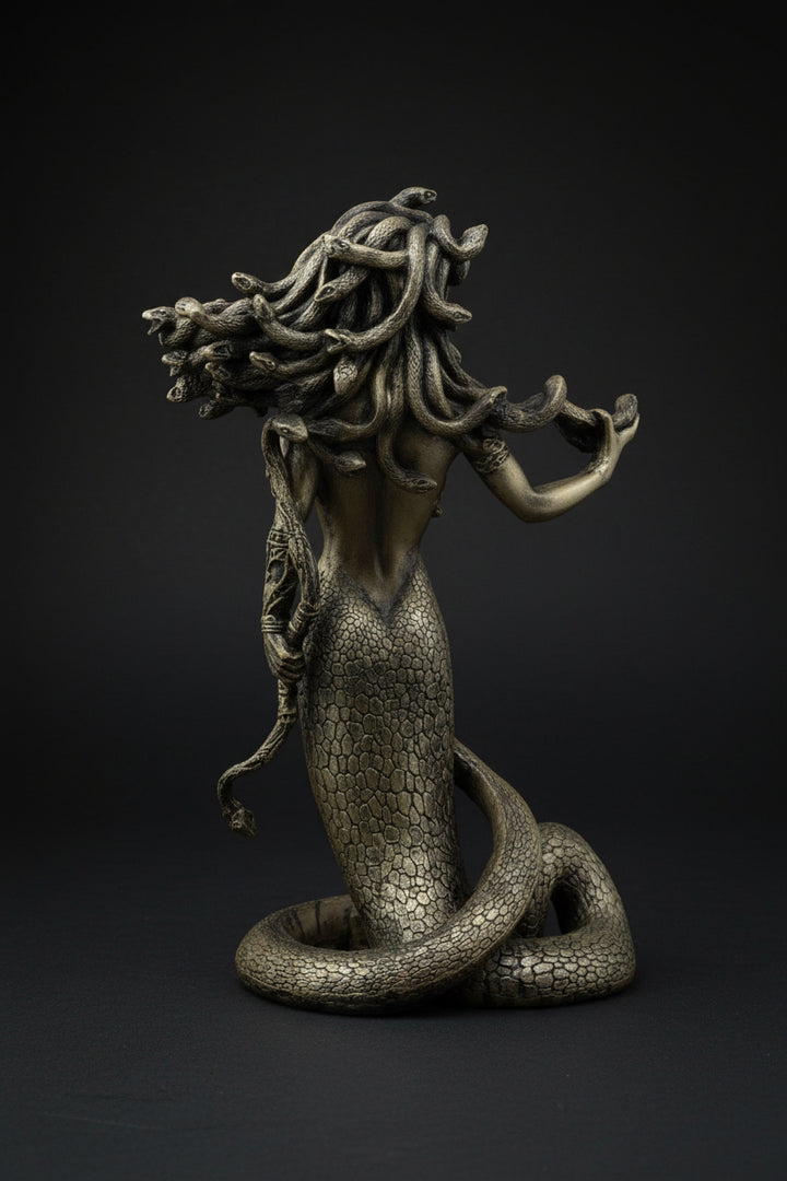 Medusa statue shown from an alternate angle against a black background