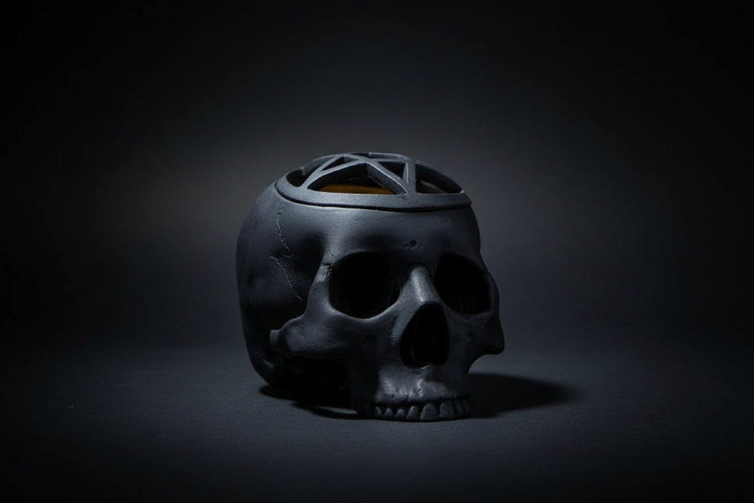 Pentagram skull ritual vessel shown from the side