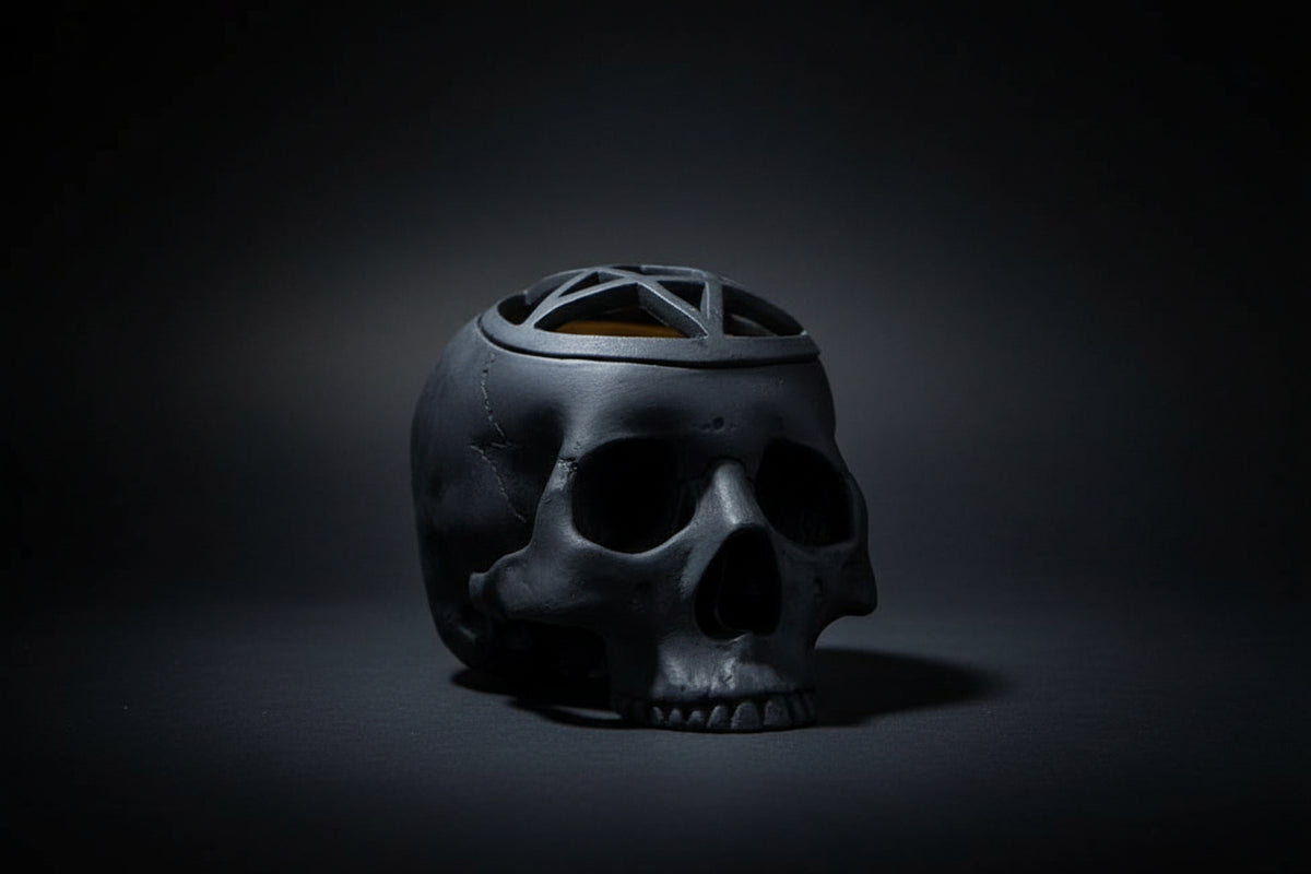 Pentagram skull ritual vessel shown from the side