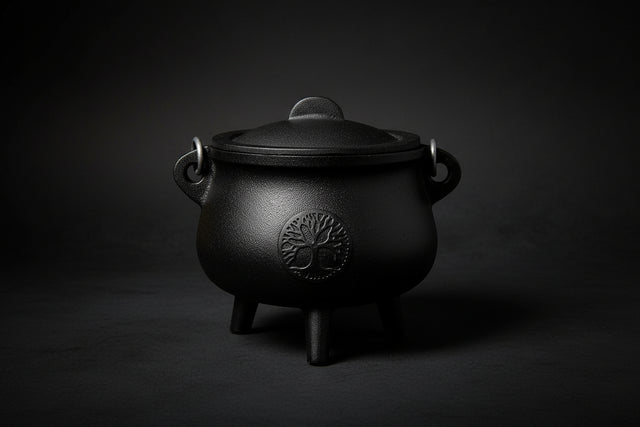 Black cauldron with a lid on a white background