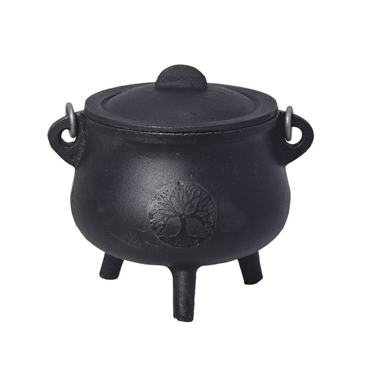 Black cauldron with a lid on a white background