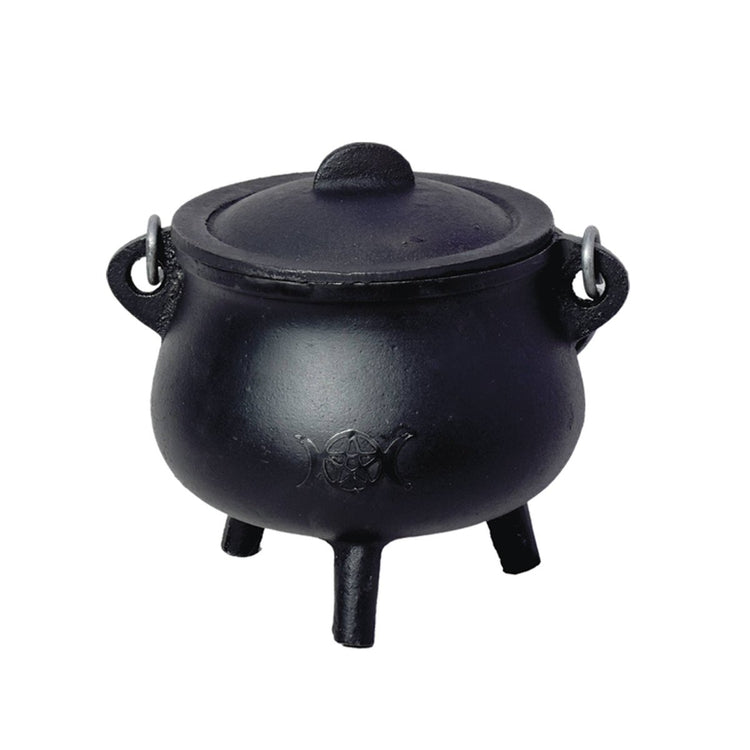 Black cauldron with a lid on a white background