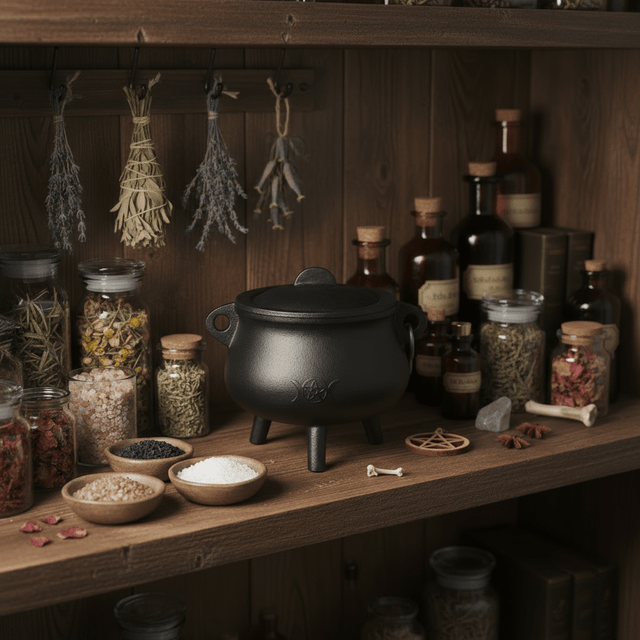Black cauldron on a wooden shelf with herbs, bottles, and ingredients.