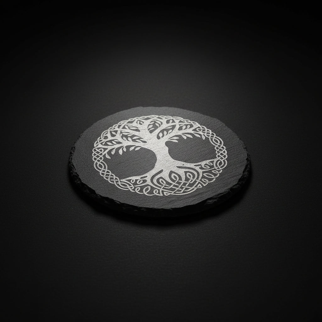 Round slate altar tile engraved with the Yggdrasil tree symbol