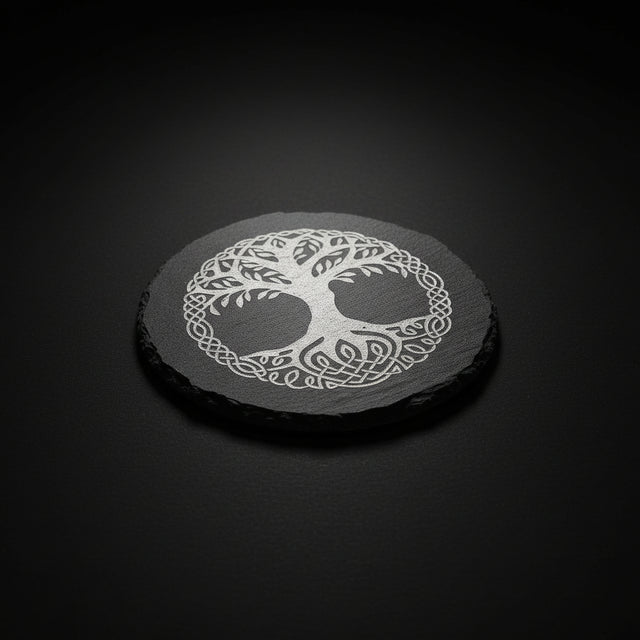 Round slate altar tile engraved with Yggdrasil tree of life symbol in circular design on natural stone.