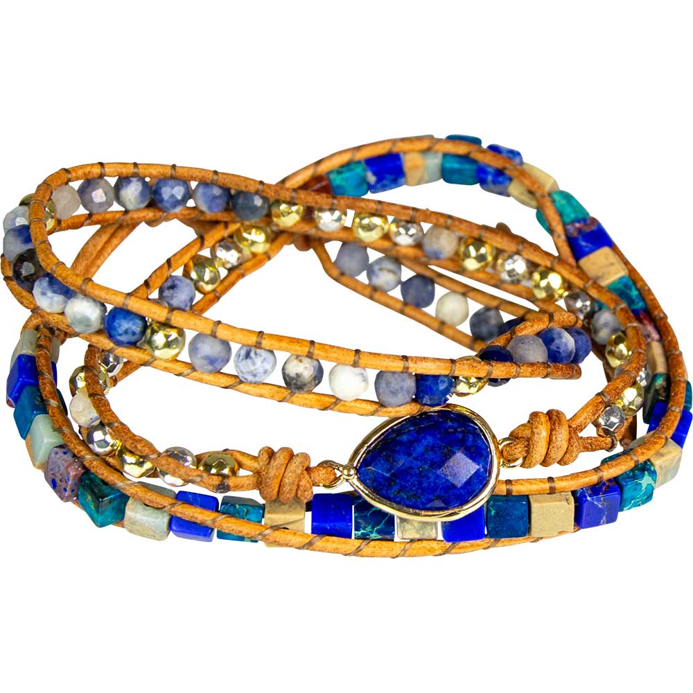Imperial Jasper and lapis accent leather wrap bracelet