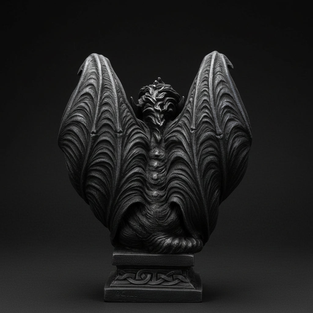 Back view of a winged gargoyle statue with raised wings