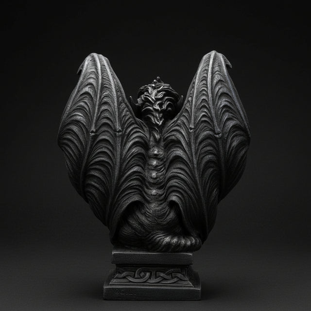Back view of a Winged gargoyle statue in cold cast resin with raised wings and crouched posture used as protective altar decor.