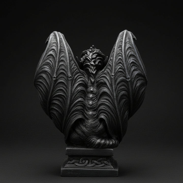Back view of a winged gargoyle statue with raised wings