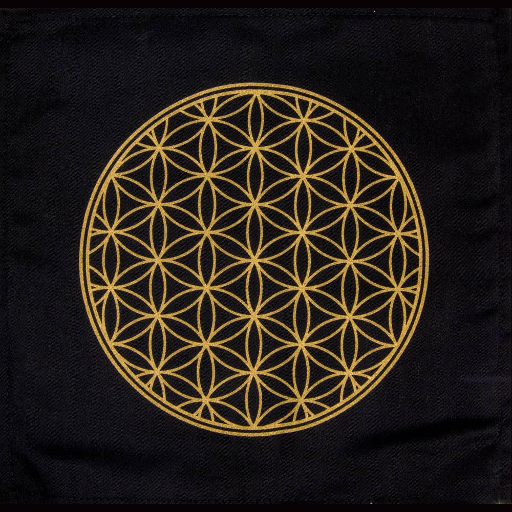 Black Cotton Crystal Grid with Gold Flower of Life – Sacred Geometry Cloth for Energy Work and Manifestation