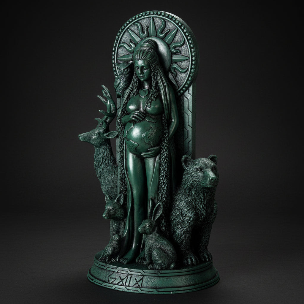 Gaia Earth Mother statue displayed in a nature-themed setting