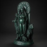 Statue of a woman surrounded by animals in a mystical forest with pink fog