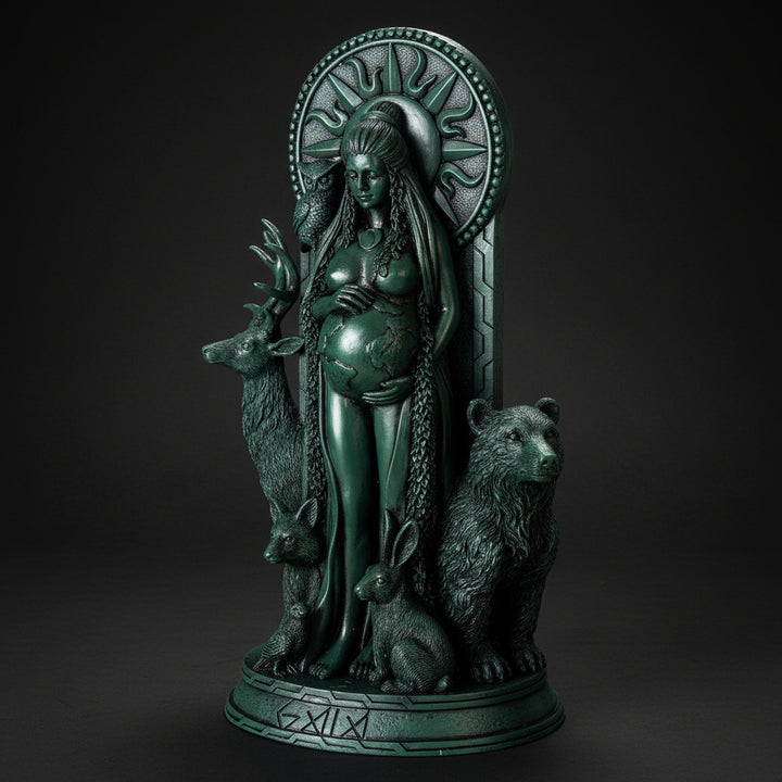 Gaia Earth Mother statue displayed in a nature-themed setting