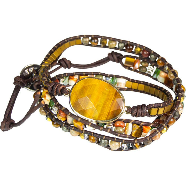 Mixed Gemstone & Tiger Eye Leather Wrap Bracelet