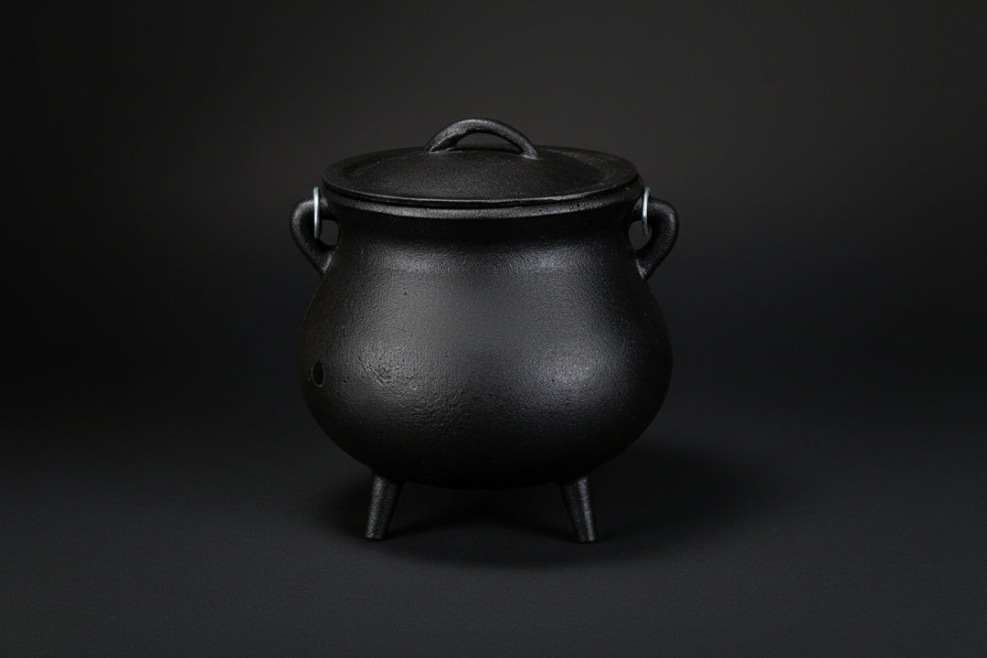 Plain black cast iron cauldron with three legs and lid