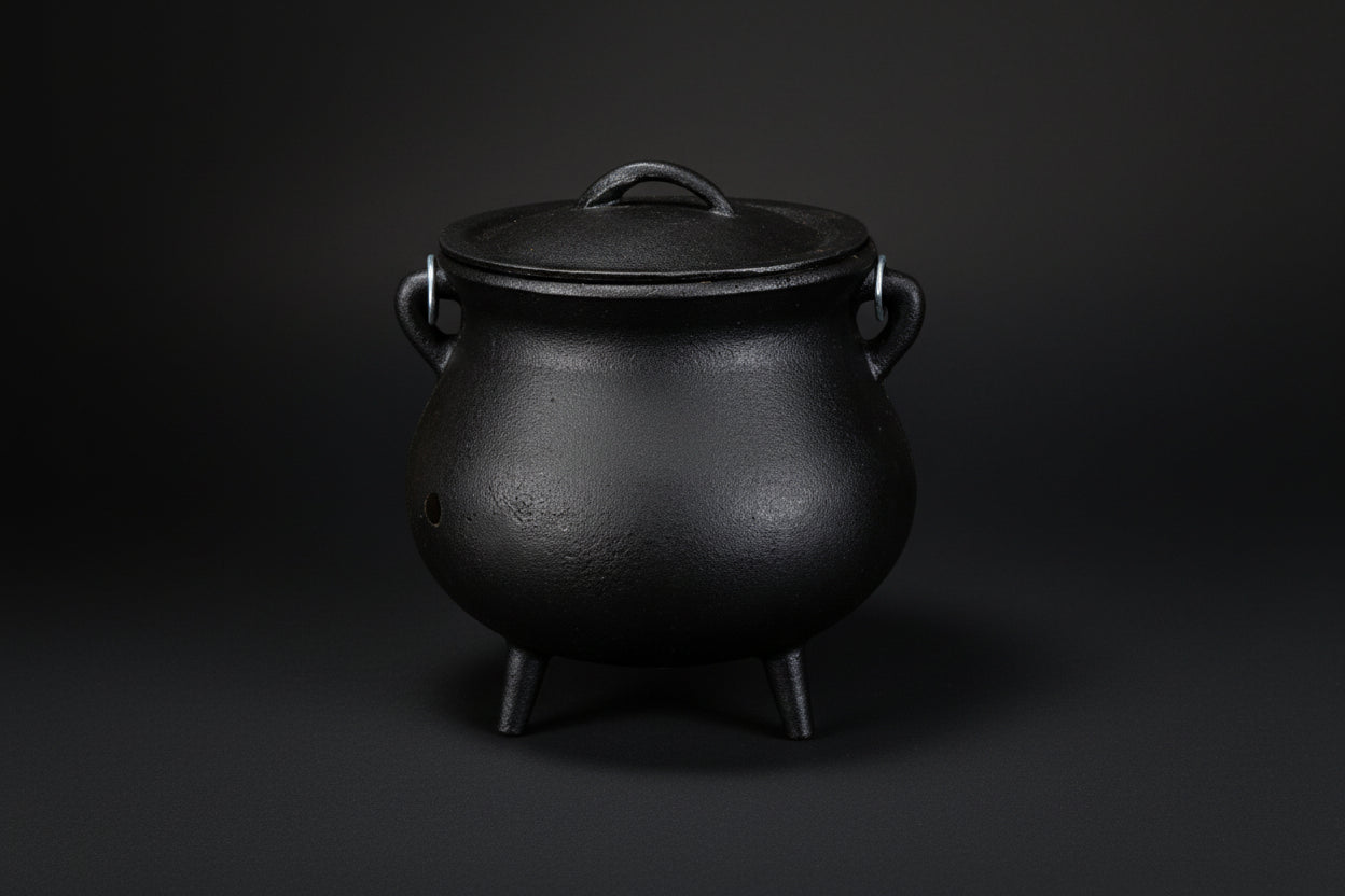 Plain black cast iron cauldron with three legs and lid