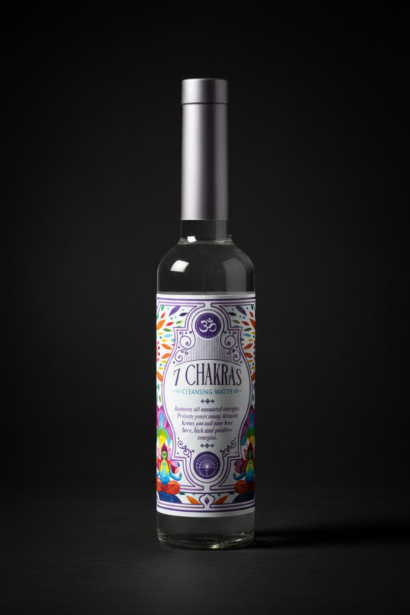 One bottle of 7 Chakras cleansing water with colorful label on a black background