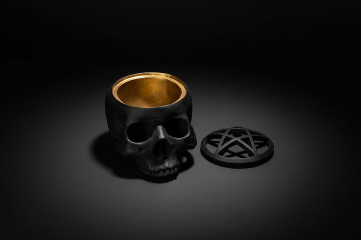 Pentagram skull vessel showing interior opening