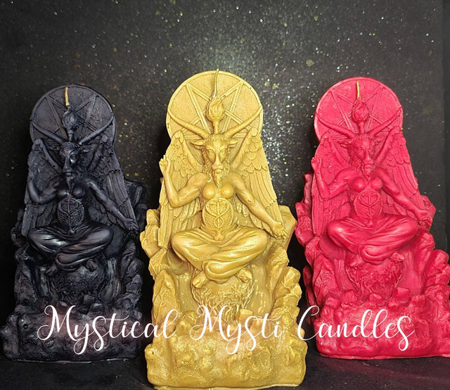 Three candles with intricate designs on a dark background, branded 'Mystical Mysti Candles'.