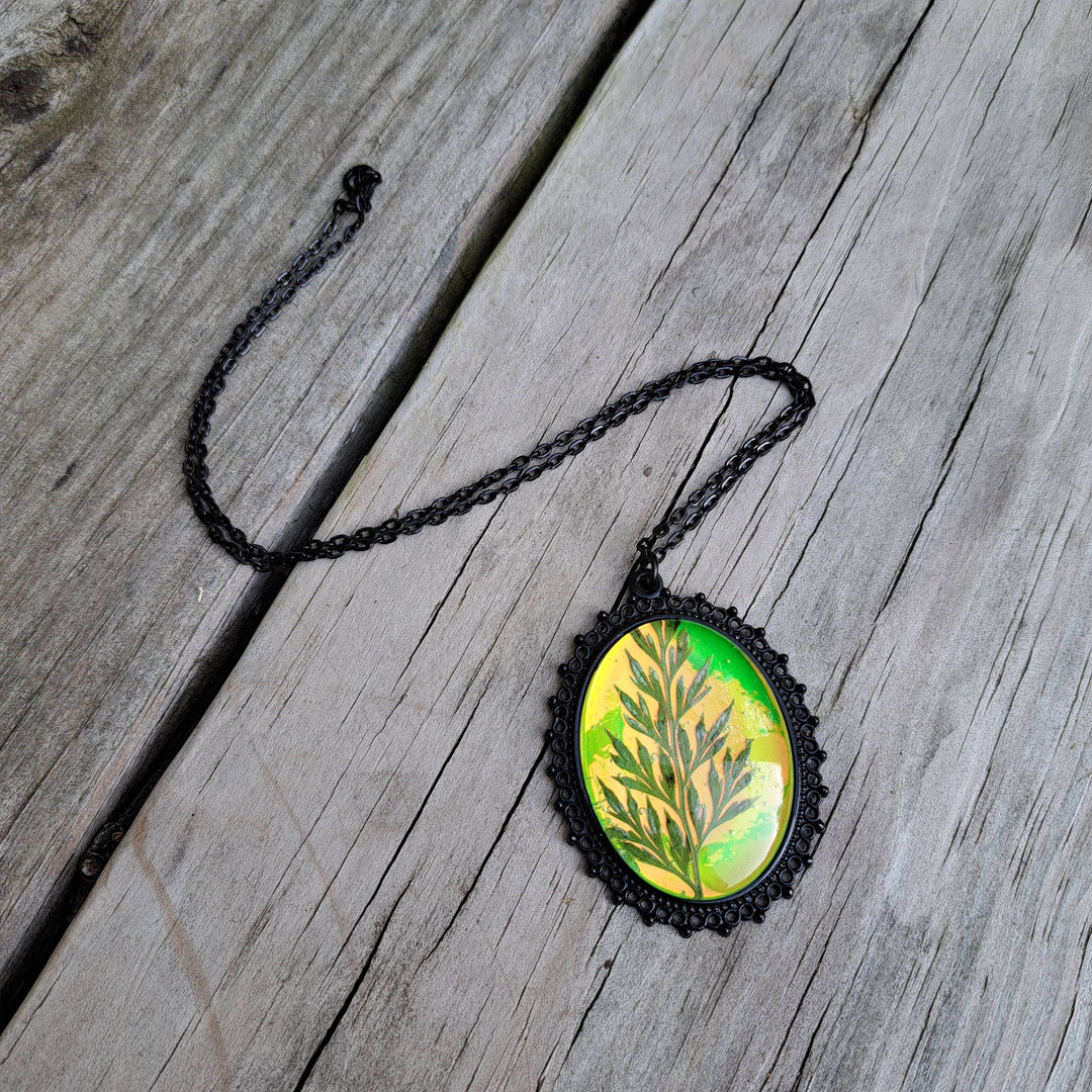 Green holographic pressed fern necklace full view