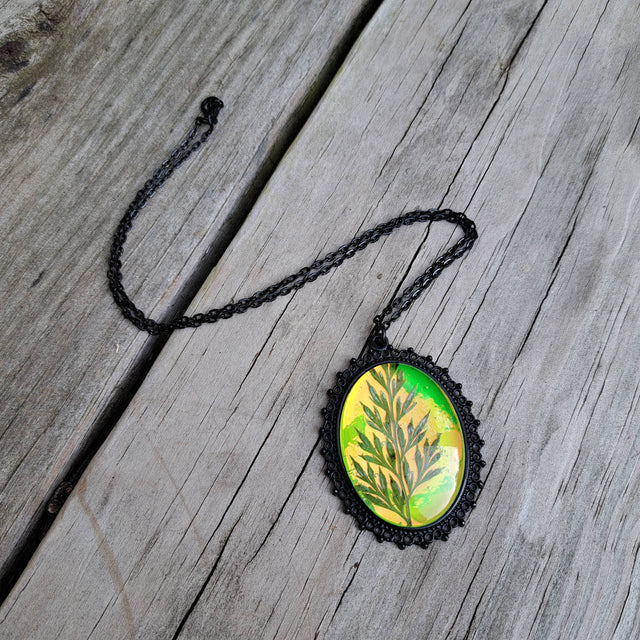 Green Holographic Pressed Fern Necklaces