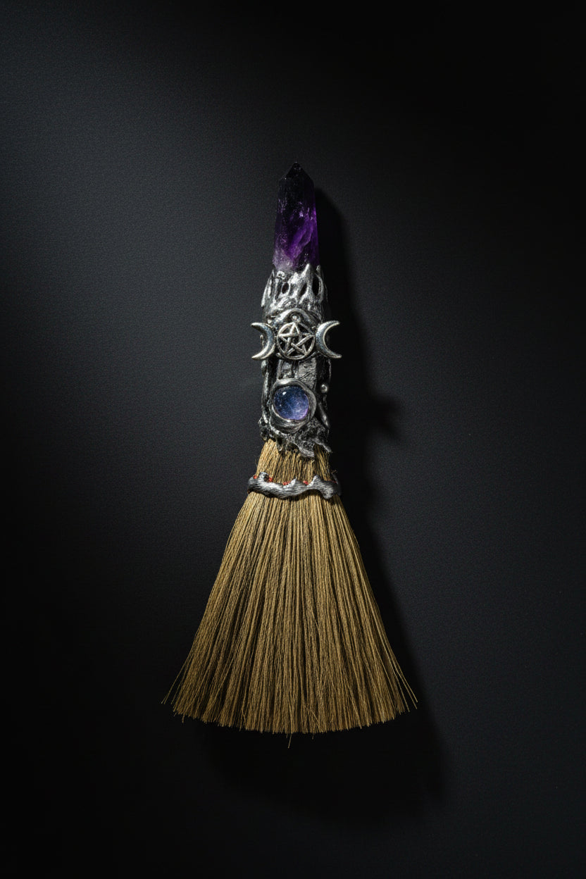 Eight-inch decorative altar broom with purple stone accents and silver-tone Triple Moon emblem
