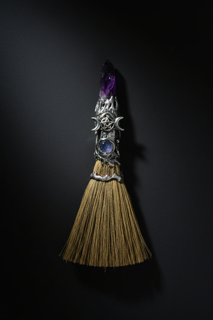 Gemstone Wicca Broom 8in – Amethyst & Silver-Tone Triple Moon