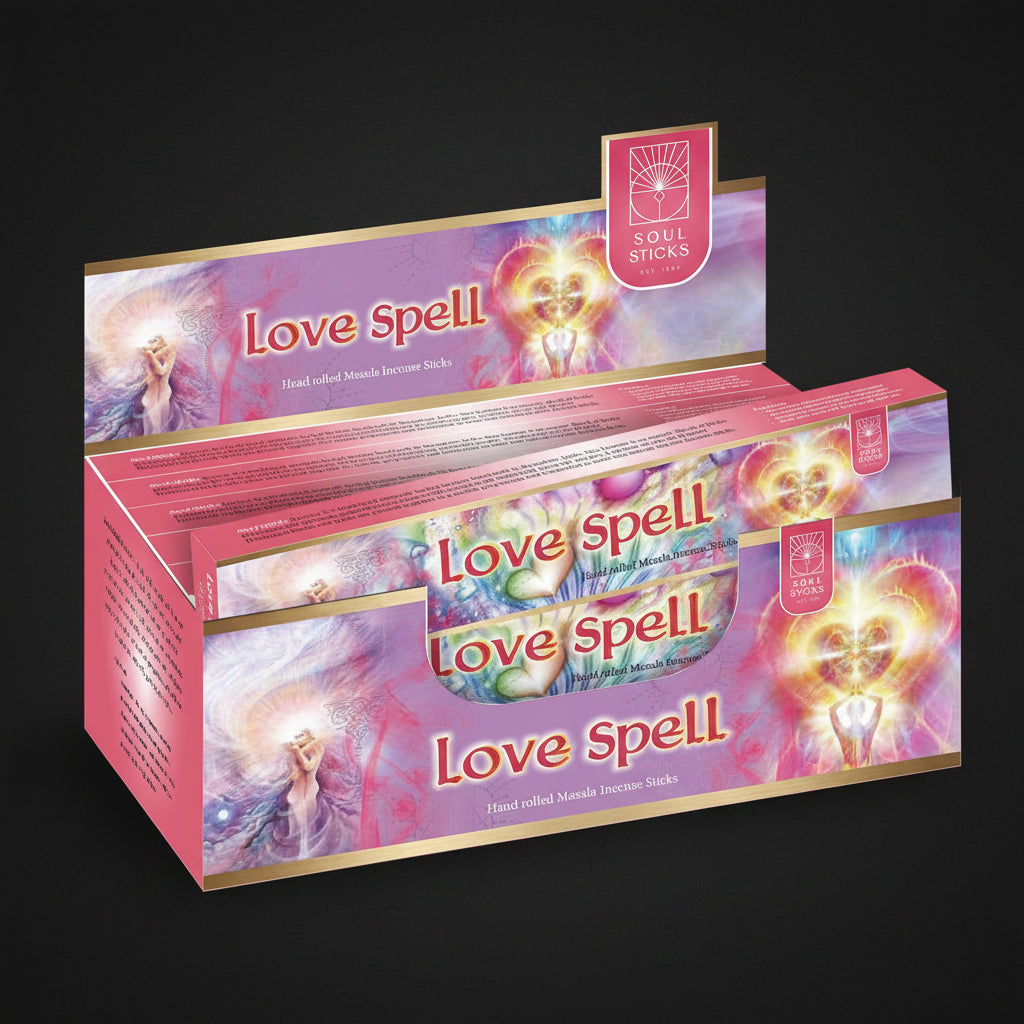 Box of 'Love Spell' incense sticks with colorful design and text.