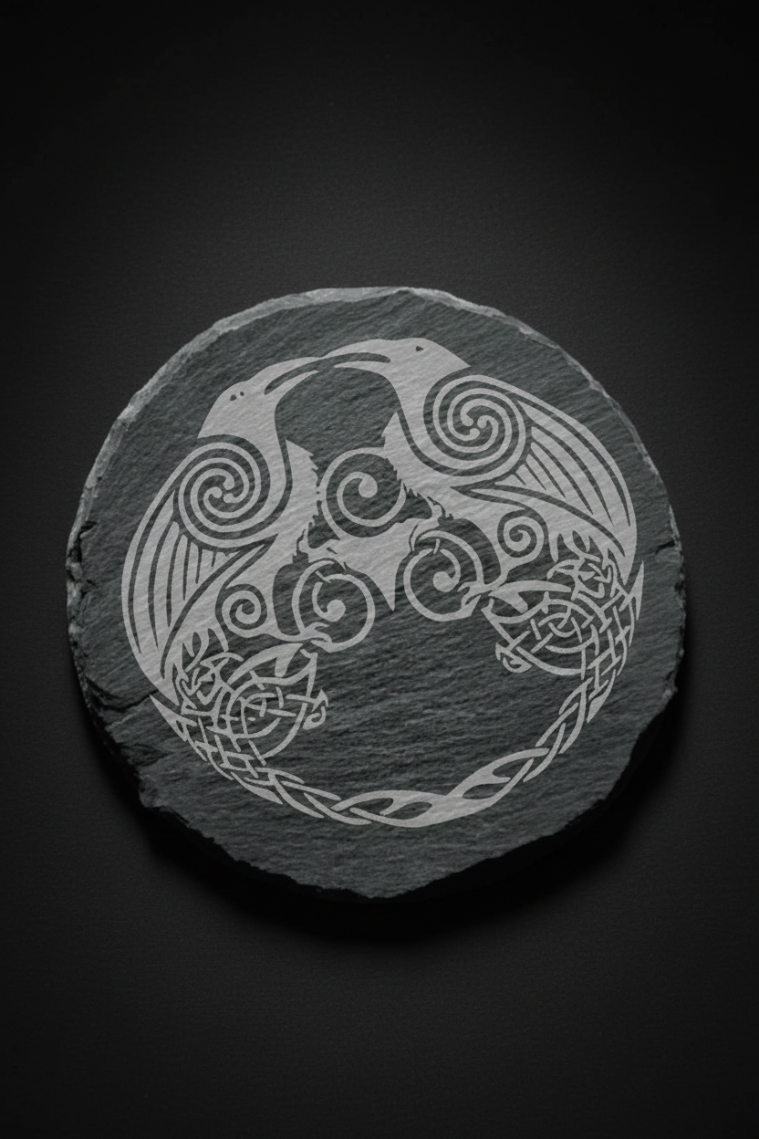 Huginn and Muninn Norse raven design engraved on circular slate altar tile used for grounding and altar work.