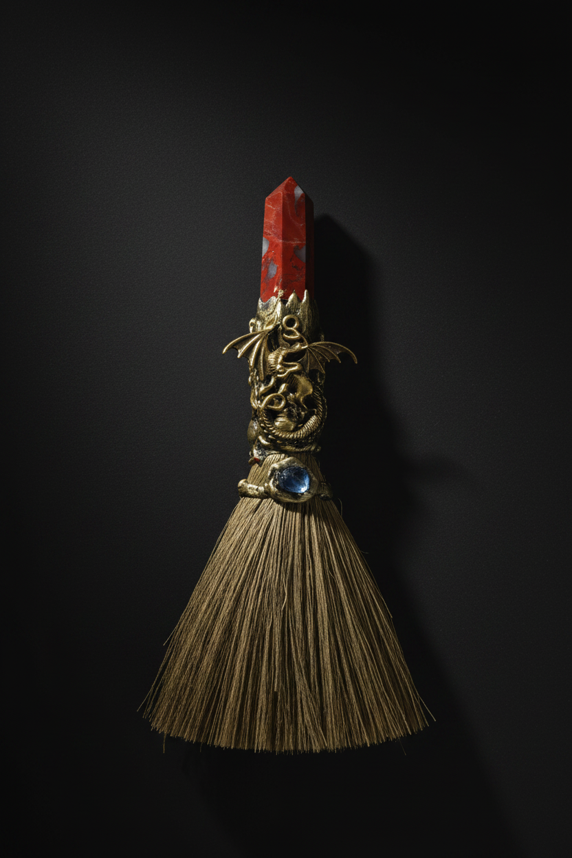 Gemstone Wicca Broom 8in – Red Jasper &amp; Gold-Tone Dragon