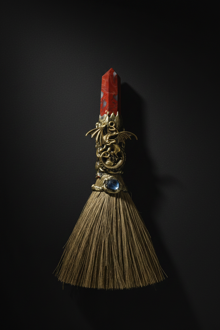 Gemstone Wicca Broom 8in – Red Jasper & Gold-Tone Dragon