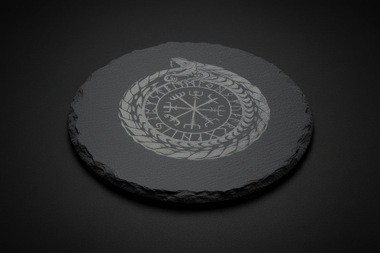 Round slate altar tile engraved with Nordic ouroboros and runic-style symbol used as a ritual surface.