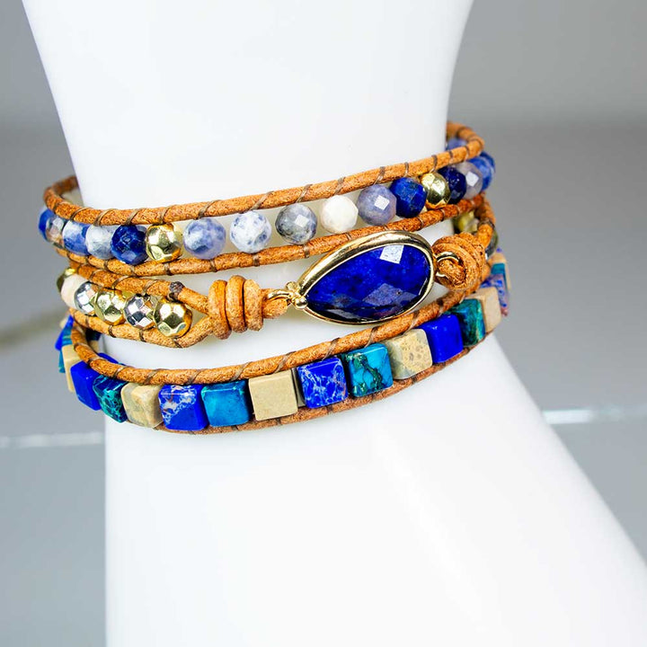 Imperial Jasper bracelet detail with faceted lapis accent and gold-colored beads