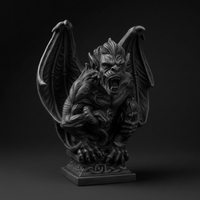 Front view of a winged gargoyle statue with raised wings