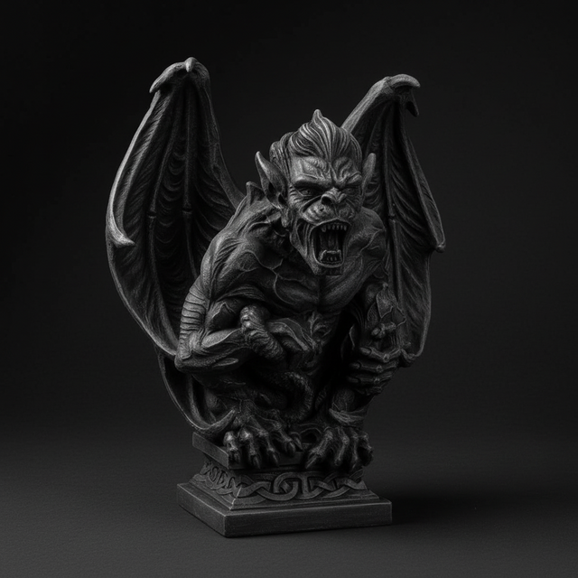 Winged gargoyle statue in cold cast resin with raised wings and crouched posture used as protective altar decor.