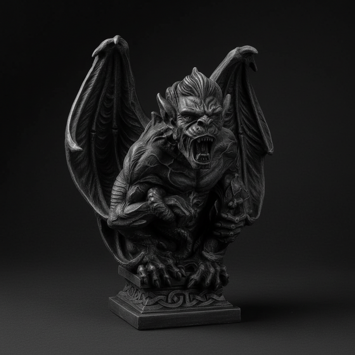 Front view of a winged gargoyle statue with raised wings